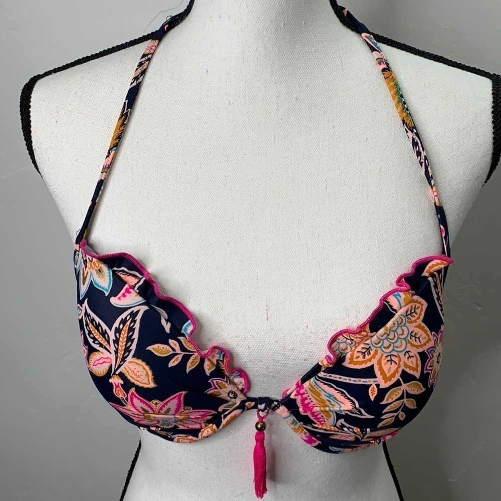 Shade & Shore Navy Pink Tassel Bikini Top - Sz 36B SW2058